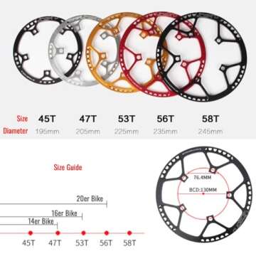 catazer Bike Chainring 130BCD Aluminum Alloy Ultralight Bicycle Chainring 45T 47T 53T 56T 58T BMX Chainwheel for Folding Bicycle (Black,58T)