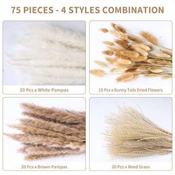 75 PCS Natural Pampas Grass Decor, Boho Flowers Home Table Decor, Bunny Tails Dried Flowers, Dried Pampas Grass Bouquet for Wedding Boho Decor, Rustic Farmhouse Party Home Decor