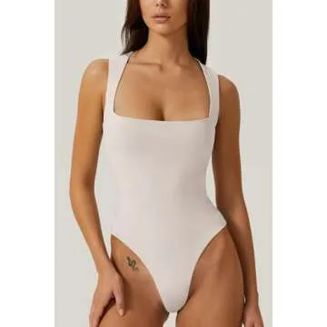 QINSEN Women's Square Neck Sleeveless T Shirt Tank Top Seamless Tummy Control Bodysuits Beige S