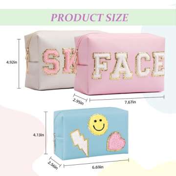 GEMLORD 3 Pieces Preppy Patch Makeup Bag, Small Chenille Letter Cosmetic Bag, PU Leather Waterproof ...