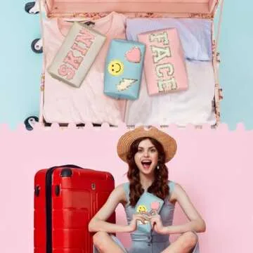 GEMLORD 3 Pieces Preppy Patch Makeup Bag, Small Chenille Letter Cosmetic Bag, PU Leather Waterproof Zipper Skin Care Toiletry Bags for Teen Girls, Portable Preppy Gift for Women(White, Blue, Pink)