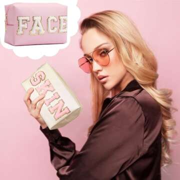 GEMLORD 3 Pieces Preppy Patch Makeup Bag, Small Chenille Letter Cosmetic Bag, PU Leather Waterproof Zipper Skin Care Toiletry Bags for Teen Girls, Portable Preppy Gift for Women(White, Blue, Pink)