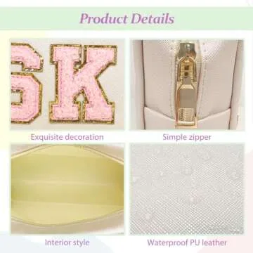 GEMLORD 3 Pieces Preppy Patch Makeup Bag, Small Chenille Letter Cosmetic Bag, PU Leather Waterproof Zipper Skin Care Toiletry Bags for Teen Girls, Portable Preppy Gift for Women(White, Blue, Pink)