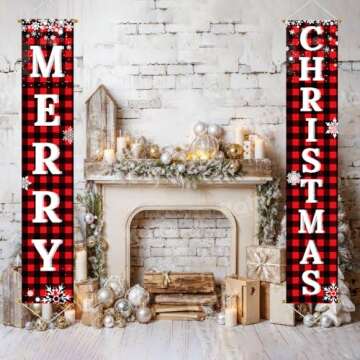 Ivenf Christmas Decorations Outdoor Yard Front Porch Sign Set, Red Black Buffalo Plaid Door Banner, Hanging Merry Christmas Decorations for Home, Indoor Outdoor Xmas Decor Wall Front Door Yard Garage