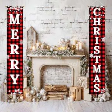 Ivenf Christmas Decorations Outdoor Yard Front Porch Sign Set, Red Black Buffalo Plaid Door Banner, Hanging Merry Christmas Decorations for Home, Indoor Outdoor Xmas Decor Wall Front Door Yard Garage