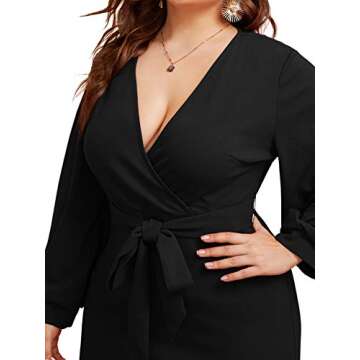 Stylish Plus Size V Neck Lantern Sleeve Midi Dress