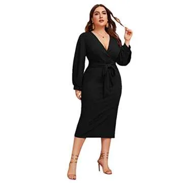 Stylish Plus Size V Neck Lantern Sleeve Midi Dress