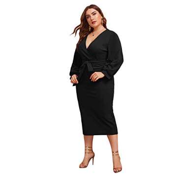 Stylish Plus Size V Neck Lantern Sleeve Midi Dress