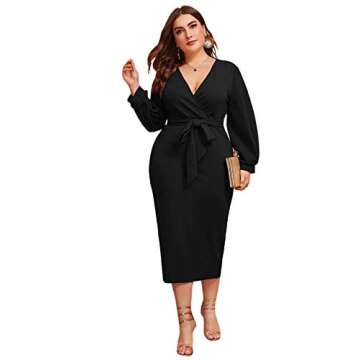 Stylish Plus Size V Neck Lantern Sleeve Midi Dress