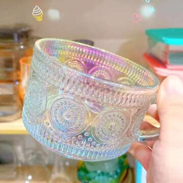 Mfacoy Vintage Coffee Mugs Set of 2, 14 oz Glass Coffee Tea Cups with Handle, Iridescent Embossed Gl...