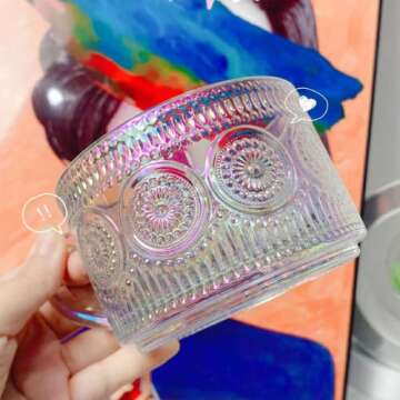 Mfacoy Vintage Coffee Mugs Set of 2, 14 oz Glass Coffee Tea Cups with Handle, Iridescent Embossed Glass Cups, Tea Cups, Glass Coffee Cups for Cappuccino, Latte, Cereal, Milk, Hot or Cold Beverages