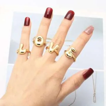 Bubble Initial Rings for Women, Open Adjustable Balloon Letter Rings Chunky Balloon Letters Ring 14k Gold Plated Puffy Alphabet A-Z Name Statement Jewelry(Gold M)