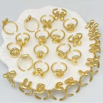 Bubble Initial Rings for Women, Open Adjustable Balloon Letter Rings Chunky Balloon Letters Ring 14k Gold Plated Puffy Alphabet A-Z Name Statement Jewelry(Gold M)