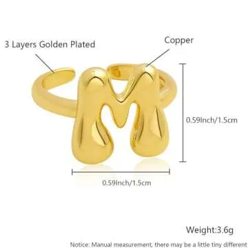 Bubble Initial Rings for Women, Open Adjustable Balloon Letter Rings Chunky Balloon Letters Ring 14k Gold Plated Puffy Alphabet A-Z Name Statement Jewelry(Gold M)