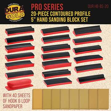 Dura-Gold 20-Piece Contoured Profile 5" Hand Sanding Block Set with 40 Sheet Hook & Loop Sandpaper K...
