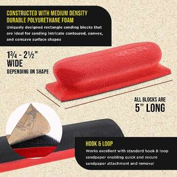 Dura-Gold 20-Piece Contoured Profile 5" Hand Sanding Block Set with 40 Sheet Hook & Loop Sandpaper Kit - Interchangeable Assorted Convex & Concave Shapes - Sand Wood Woodworking Furniture, Auto Paint