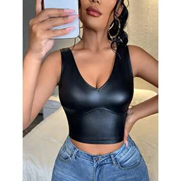 Floerns Women's PU Leather V Neck Sleeveless Camisole Solid Crop Tank Top Black M