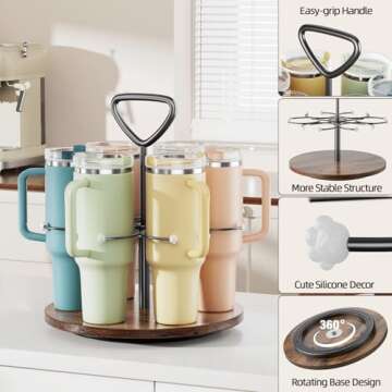 Delamu Water Bottle Organizer for Stanley Cup Organizer Holder Tumbler Storage with Wooden Turntable Base, Detachable Handle for Easy Carry, Stanley Cup Accessories for Stanley 40 oz 30 oz 20 oz