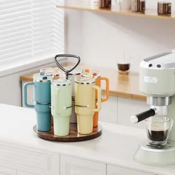 Delamu Water Bottle Organizer for Stanley Cup Organizer Holder Tumbler Storage with Wooden Turntable Base, Detachable Handle for Easy Carry, Stanley Cup Accessories for Stanley 40 oz 30 oz 20 oz