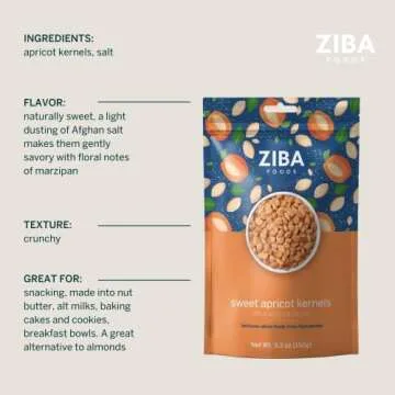 Ziba Foods Sweet Apricot Kernels | 5.3 oz | Non-GMO & Vegan Dried Apricot Seeds Whole 30 Friendly & Keto, Paleo, Dry Roasted Superseed | Wild Grown Apricot Kernel High In Protein and Omega 3s