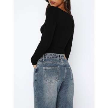 ForeFair Women's Sexy Long Sleeve Going Out Tops Pleated Bustier Shirt Cute Sweetheart Neck Y2K Cropped Top (Black-01,S)