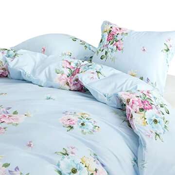 Wake In Cloud - Shabby Chic Comforter Set, Floral Farmhouse Cottagecore Vintage Colorful Pastel Spring Flowers, Soft Lightweight Bedding for Women Girls, 3 Pieces, Blue, King Size