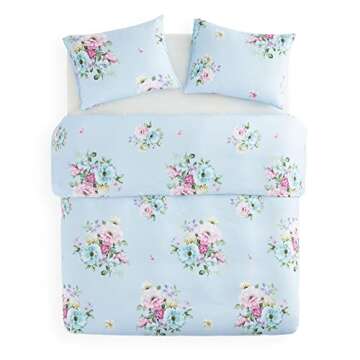 Wake In Cloud - Shabby Chic Comforter Set, Floral Farmhouse Cottagecore Vintage Colorful Pastel Spring Flowers, Soft Lightweight Bedding for Women Girls, 3 Pieces, Blue, King Size