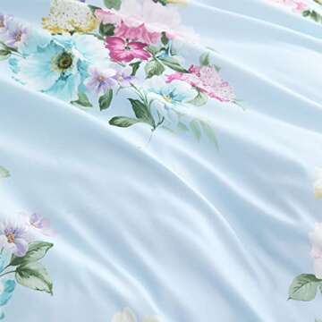 Wake In Cloud - Shabby Chic Comforter Set, Floral Farmhouse Cottagecore Vintage Colorful Pastel Spring Flowers, Soft Lightweight Bedding for Women Girls, 3 Pieces, Blue, King Size