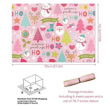 Vintage Baby Pink Merry Christmas Xmas Wrapping Paper 6 Sheets With Matched Pink Color Ribbon Folded...