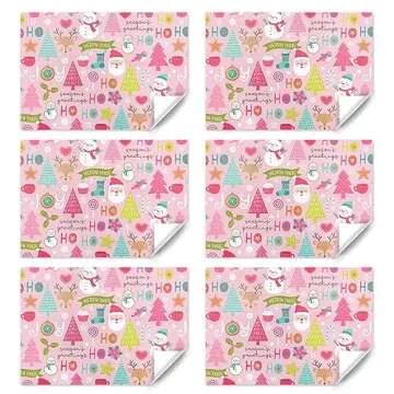 Vintage Baby Pink Merry Christmas Xmas Wrapping Paper 6 Sheets With Matched Pink Color Ribbon Folded Flat 20x28 inches per sheet For Kids Girls Boys Women Unique Xmas Decorative Paper and Holiday Gift