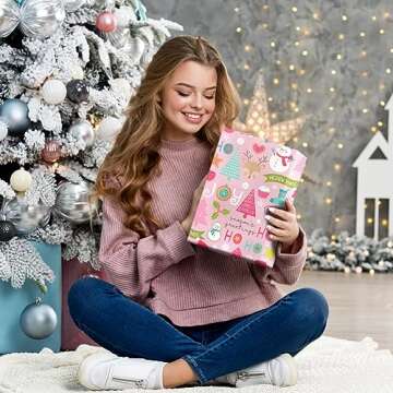 Vintage Baby Pink Merry Christmas Xmas Wrapping Paper 6 Sheets With Matched Pink Color Ribbon Folded Flat 20x28 inches per sheet For Kids Girls Boys Women Unique Xmas Decorative Paper and Holiday Gift