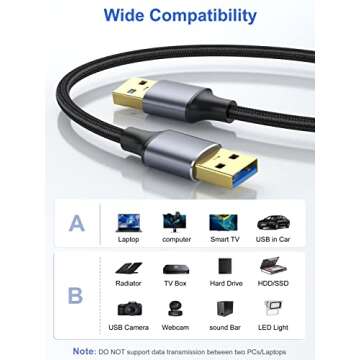 ApoJodly USB to USB Cable 1FT 2-Pack, USB 3.0 Cord USB A Male to Male Cable Double Sided USB Cord Compatible with Hard Drive, Laptop Cooler, DVD Player and More