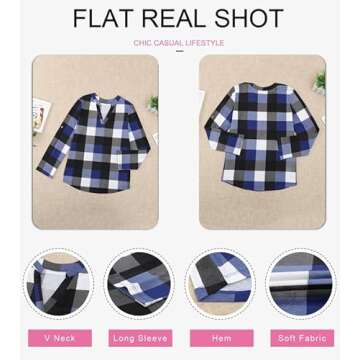 Dokotoo Womens Blouse Spring Summer Fall Fashion Ladies Basic Cotton Cuffed 3/4 Long Sleeve Plaid Print V Neck Work Tops Tunic Blouses Shirts for Women 2024 Business Casual Blue