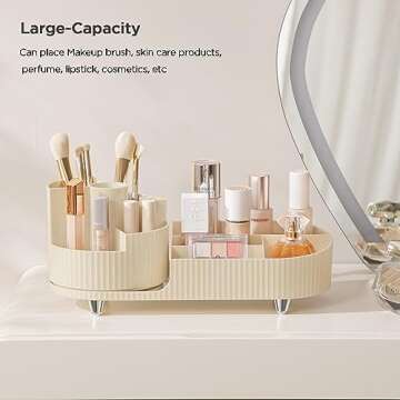 HBlife Rotating Makeup Organizer for Vanity Large Capacity Cosmetic Storage Case, Dresser Make Up Organizer Holder for Bedroom Bathroom and Countertop, Beige