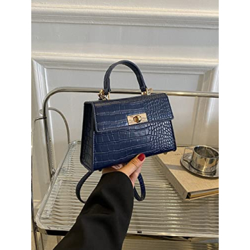 BYKOINE Women's Crocodile Crossbody Leather Top Handle Bag Shoulder Bag Small Satchel Handbag Cluthes Purses Navy Blue One-Size
