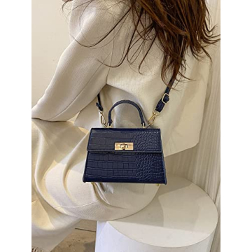BYKOINE Women's Crocodile Crossbody Leather Top Handle Bag Shoulder Bag Small Satchel Handbag Cluthes Purses Navy Blue One-Size