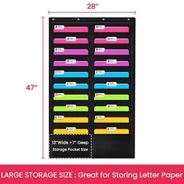 Godery Folder Pocket Chart (Black), Cascading Wall Organizer for School, Classroom, Home or Office Use, 20 Pocket Chart Hanging Wall Organizer with 4 Hangers