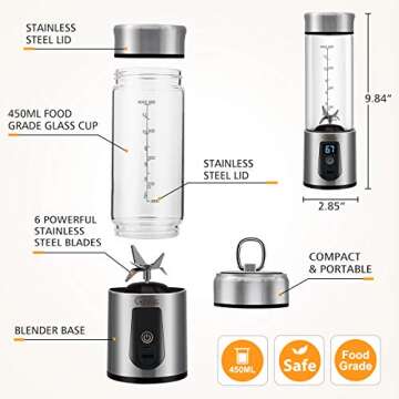 Portable Blender, G-TING Personal Smoothies Blender Cordless, Single Serve Mini Blender 450ml USB Rechargeable Small Juice Mixer Portable Juicer (Shakes, Smoothies, Home, Travel & Gym) Food Grade