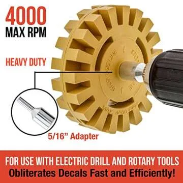 TCP Global Heavy Duty Rubber Eraser Wheel, 4” Slotted Edge Pad with Drill Adapter - Adhesive Remov...