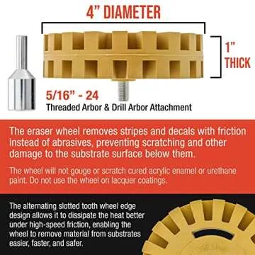 TCP Global Heavy Duty Rubber Eraser Wheel, 4” Slotted Edge Pad with Drill Adapter - Adhesive Remover Tool, Remove Vinyl Decals, Pinstripes, Stripes, Stickers, Graphics Removal Auto Car Truck RV Signs