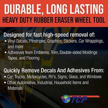 TCP Global Heavy Duty Rubber Eraser Wheel, 4” Slotted Edge Pad with Drill Adapter - Adhesive Remover Tool, Remove Vinyl Decals, Pinstripes, Stripes, Stickers, Graphics Removal Auto Car Truck RV Signs