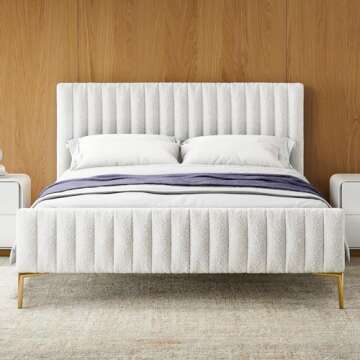 Omax Decor Julia Upholstered Platform Bed with Vertical Channel Tufted Headboard and Footboard | Box Spring Not Required | White Boucle, Queen