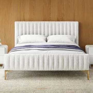 Omax Decor Julia Upholstered Platform Bed with Vertical Channel Tufted Headboard and Footboard | Box Spring Not Required | White Boucle, Queen