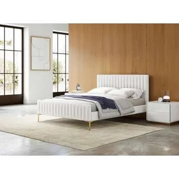 Omax Decor Julia Upholstered Platform Bed with Vertical Channel Tufted Headboard and Footboard | Box Spring Not Required | White Boucle, Queen