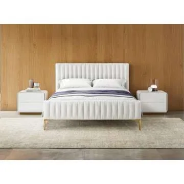 Omax Decor Julia Upholstered Platform Bed with Vertical Channel Tufted Headboard and Footboard | Box Spring Not Required | White Boucle, Queen