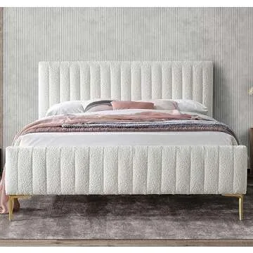 Omax Decor Julia Upholstered Platform Bed with Vertical Channel Tufted Headboard and Footboard | Box Spring Not Required | White Boucle, Queen
