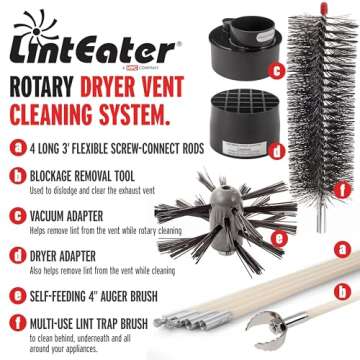 Dryer Vent Duct Cleaning Kit - Gardus RLE202 LintEater Rotary Dryer Vent Cleaner Kit, Removes Lint, Dryer Vent Cleaning System Extends Up to 12’ with 4 Flexible 3' Rods, Air Duct Cleaning Tools