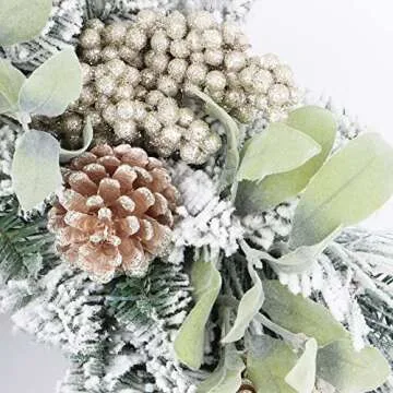 Umart 24 Inch Christmas Wreath, Flocked Pine Cones Wreaths, Outdoor Christmas Wreaths Decorated with Lambs Ear&Berry Clusters, Holiday Front Door Winter Wreath, Snowy Christmas Wreaths for Front Door
