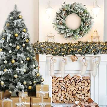 Umart 24 Inch Christmas Wreath, Flocked Pine Cones Wreaths, Outdoor Christmas Wreaths Decorated with Lambs Ear&Berry Clusters, Holiday Front Door Winter Wreath, Snowy Christmas Wreaths for Front Door
