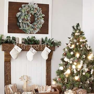 Umart 24 Inch Christmas Wreath, Flocked Pine Cones Wreaths, Outdoor Christmas Wreaths Decorated with Lambs Ear&Berry Clusters, Holiday Front Door Winter Wreath, Snowy Christmas Wreaths for Front Door